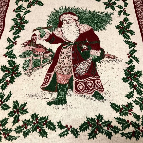 VTG CHRISTMAS SANTA CLAUS TAPESTRY THROW BLANKET KRIS KRINGLE POINSETTIA 56 X 48 - Picture 2 of 3